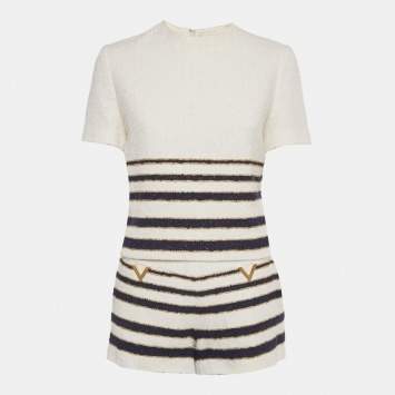Pre Owned Valentino White/Navy Blue Striped Tweed Mariniere Top & Shorts Set S 