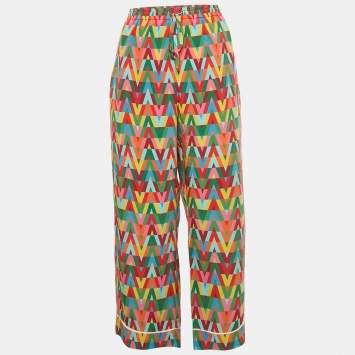 Pre Owned Valentino Multicolor V-Optical Print Silk Drawstring Trousers L 