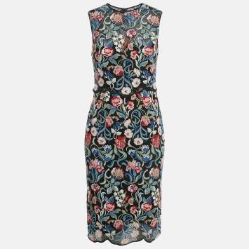 مملوكة مسبقًا Valentino Black Floral Embroidered Mesh Sheath Midi Dress S 