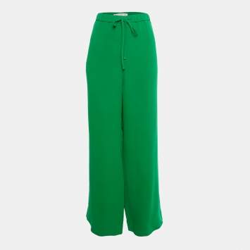 Pre Owned Valentino Green Silk Drawstring Wide Leg Trousers L