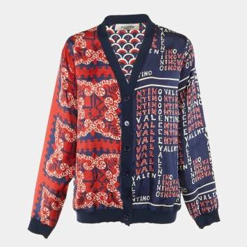 Pre Owned Valentino Navy Blue Printed Silk & Wool Cardigan L