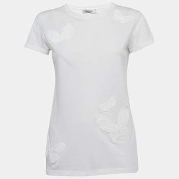 Pre Owned Valentino White Butterfly Applique Jersey T-Shirt S