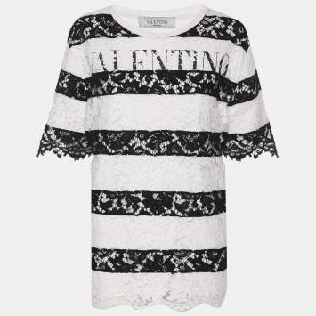 Pre Owned Valentino White/Black Lace and Jersey Logo Tops XL