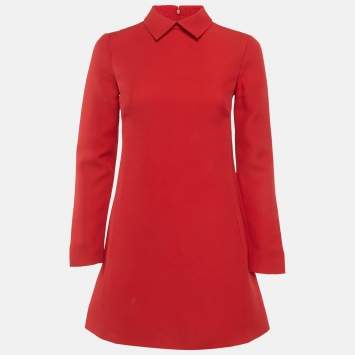 مملوكة مسبقًا Valentino Red Wool & Silk Crepe Collared Mini Dress S