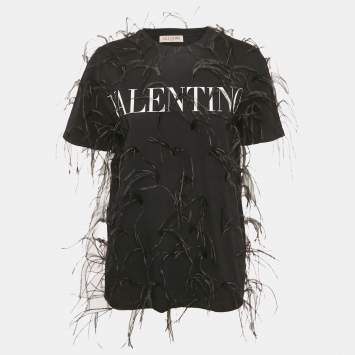 Pre Owned Valentino Black Logo Print Jersey Feather Trim T-Shirt S