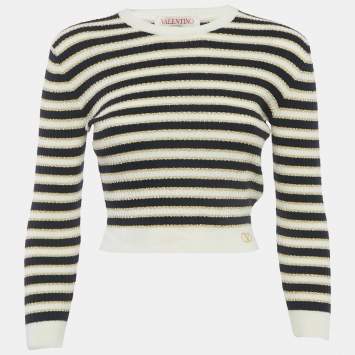 مملوكة مسبقًا Valentino White/Blue Striped Lurex Rib Knit Top M