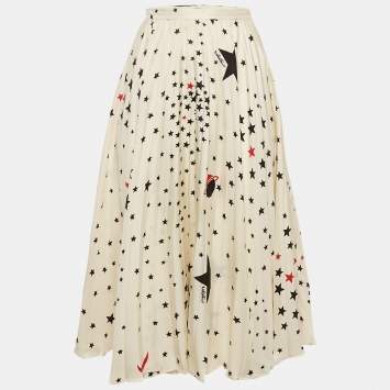 Pre Owned Valentino Cream Stars Print Silk Plisse Midi Skirt S