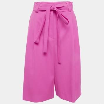 Pre Owned Valentino Neon Pink Wool Pleated Knee-Length Shorts M