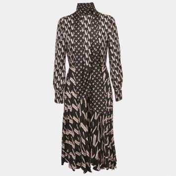Pre Owned Valentino Black/Pink Printed Silk Plissé Midi Dress M