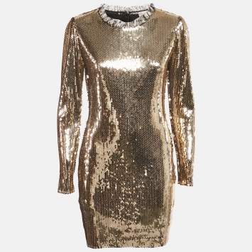 Pre Owned Valentino Gold Sequin Jersey Long Sleeve Mini Dress XL