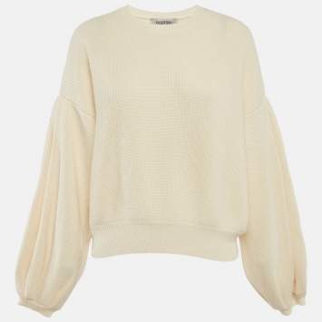 Pre Owned Valentino Cream Rib Knit Crewneck Sweater M