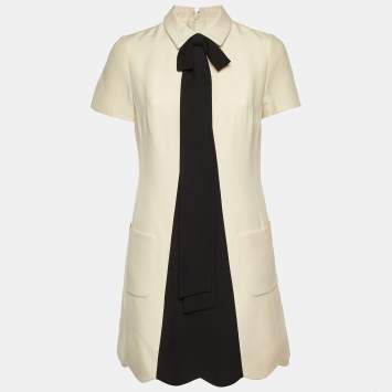 Pre Owned Valentino Cream Wool & Silk Bow Detail Mini Dress M