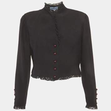 Pre Owned Valentino Vintage Black Crepe Lace Trim Cropped Jacket XL