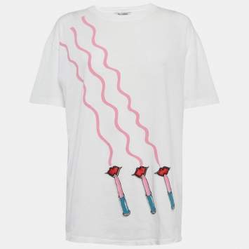 مملوكة مسبقًا Valentino White Lipstick Print Jersey T-Shirt S