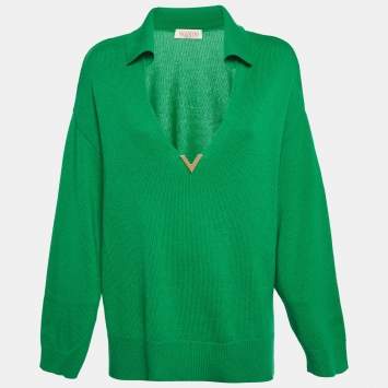 Pre Owned بلوفر فالنتينو أخضر كشمير ياقة غطس مقاس متوسط - ميديوم