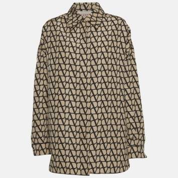 Pre Owned Valentino Beige Icongraphe Printed Silk Oversized Shirt & Shorts XL