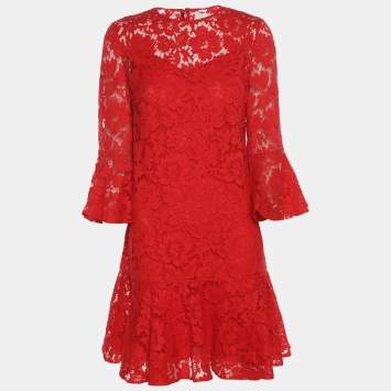 Pre Owned Valentino Red Lace Midi Dress S