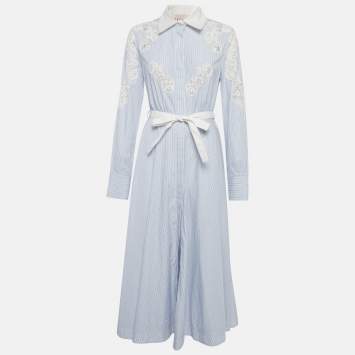 مملوكة مسبقًا فستان فالنتينو طويل قطن مخطط أزرق مزين بخرز مقاس متوسط