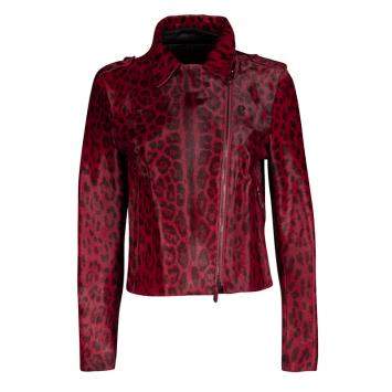 Pre Owned Valentino Red Leopard Pattern Calf Fur Zip Front Biker Jacket M