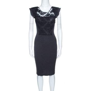 Pre Owned Valentino Vintage Grey Wool Contrast Lace Panel Detail Fitted Dress M