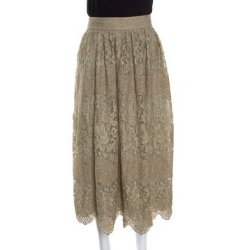 Pre Owned Valentino Pastel Green Metallic Floral Lace Overlay Gathered Waist Midi Skirt M