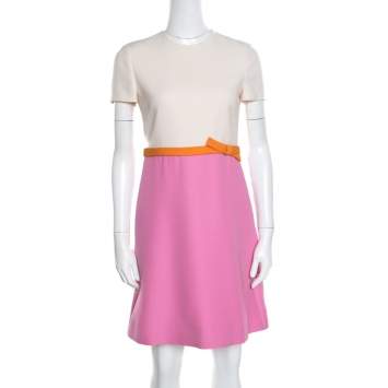 Pre Owned Valentino Colorblock Bow Detail Silk Wool A-Line Dress S