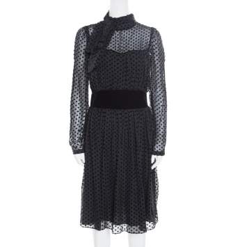 Pre Owned Valentino Black Velvet Polka Dotted Silk Neck Tie Detail Long Sleeve Dress M
