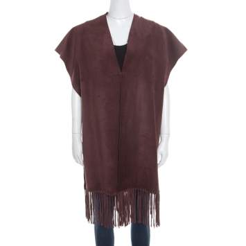 Pre Owned Valentino Burgundy Leather Poncho Style Fringed Hem Jacket S