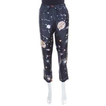 Pre Owned Valentino Navy Blue Cosmo Printed Silk Draw String Detail Pants S