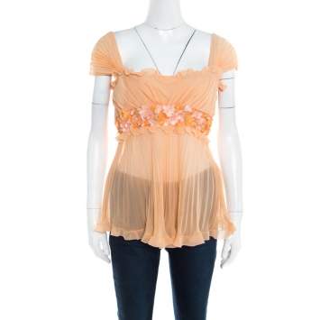 Pre Owned Valentino Orange Mesh Insert Floral Applique Detail Plisse Silk Top L