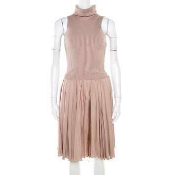 Pre Owned Valentino Beige Ribbed Wool and Silk Pleated Sleeveless Turtleneck Dress M