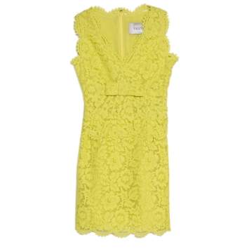 Pre Owned Valentino Yellow Floral Lace Scalloped Trim Bow Detail Peplum Dress S