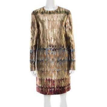 Pre Owned Valentino Gold Feather Patterned Jacquard Lurex Insert Shift Dress M
