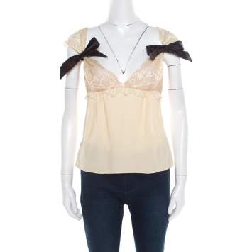 Pre Owned Valentino Buttercream Crepe Bow Detail Lace Babydoll Top L