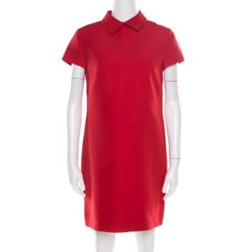 Pre Owned Valentino Red Wool and Silk Collared Short Sleeve Dress M