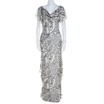 Pre Owned Valentino Monochrome Floral Printed Silk Ruffled Backless Evening Gown M