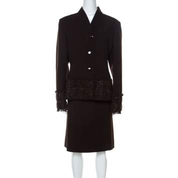 Pre Owned Valentino Brown Wool Embellished Detail Skirt Suit L