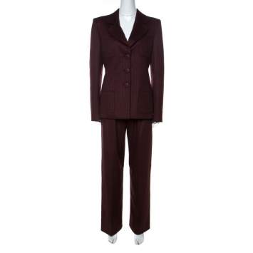 Pre Owned Valentino Burgundy Pinstripe Cashmere Classic Tailored Pantsuit M 