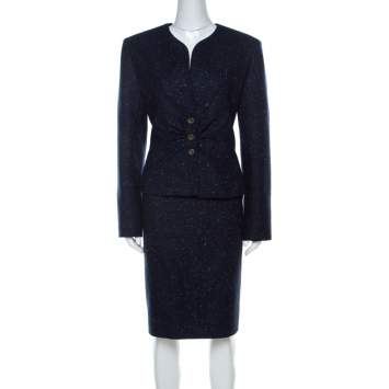 Pre Owned Valentino Dark Blue Patterned Tweed Wool Blazer and Skirt Set XL 