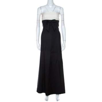 Pre Owned Valentino Black & White Wool & Silk Blend Bow Detail Tube Dress M