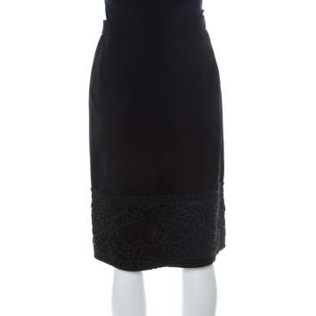 Pre Owned Valentino Boutique Vintage Black Crepe Wool Corded Lace Hem Detail Skirt L
