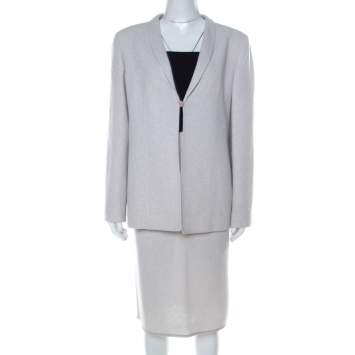 Pre Owned Valentino Boutique Vintage Light Grey Boucle Wool Skirt Suit XL 