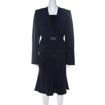 Pre Owned Valentino Navy Blue Crepe Belted Blazer And Skirt Suit L 