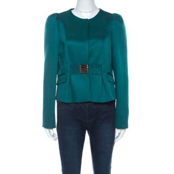 Pre Owned Valentino Green Jacquard Embellished Waist Cropped Jacket L 
