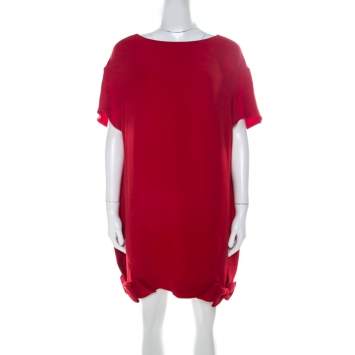 Pre Owned Valentino Red Silk Crepe de Chine Bow Detail Mini Shift Dress L