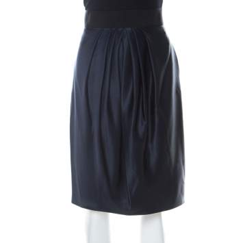 Pre Owned Valentino Navy Blue Silk Pleated Front Midi Skirt M 