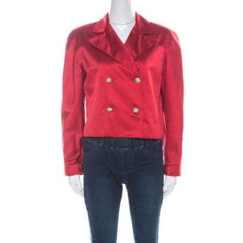 Pre Owned Valentino Red Satin Crystal Button Detail Blazer M