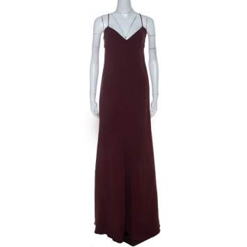 Pre Owned Valentino Burgundy Crepe Knit Plunge Neck Strappy Evening Gown L