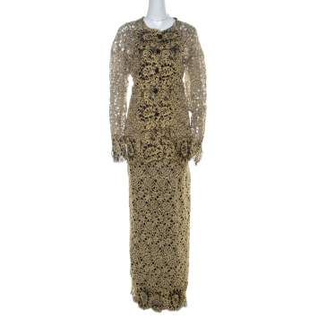Pre Owned Valentino Gold & Black Guipure Lace Skirt & Jacket Set L
