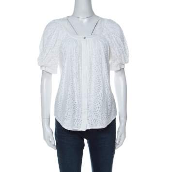 Pre Owned Valentino White Cotton Tattered Effect Puffed Sleeve Top S 